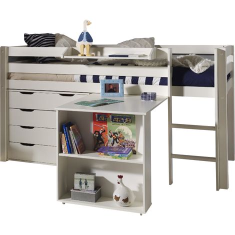 Kinderzimmer Set mit Schreibtisch PINOO-12 incl. Hochbett und Schubladenkommode in Kiefer massiv weiß lackiert, B/H/T: ca. 210/114/106 cm