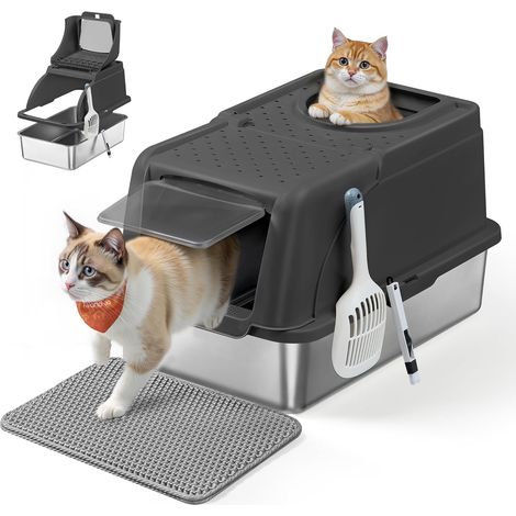 1 Bac À Litière Pour Chat, Acier Inoxydable, Couvercle Basculant, Double Entrée, Grande Capacité, Pour Chats Jusqu'à 15 Kg