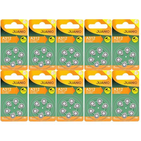 Lot de 60 Piles bouton Zinc Air Type A312/312 1,45V compatibles PR41 pour appareils auditifs - Juanio - (1/2)