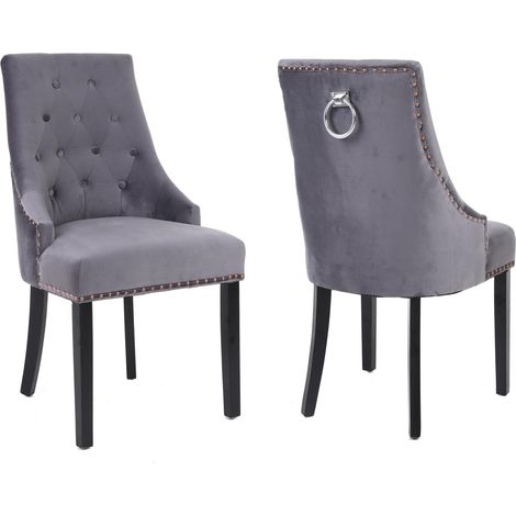 Neo 2x Dark Grey Studded Velvet Dining Chair with Ring Knocker Detail (1/3)