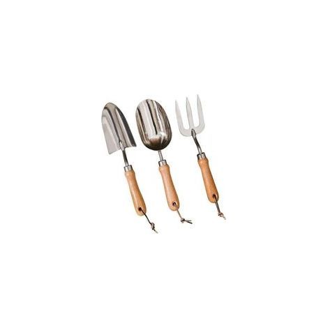 Ensemble d'outils de jardinage : pelle, râteau et fourche en acier inoxydable avec manches en bois résistants. Kit de plantation et de rempotage idéal pour les jardiniers amateurs. (1/5)