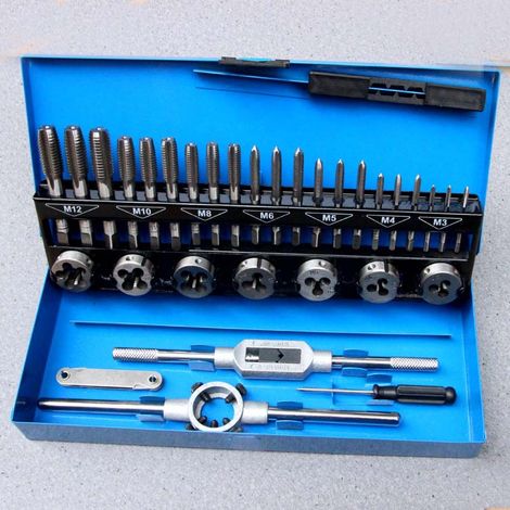 Lot de 32 Tarauds et Filières Métriques en Alliage de Tungstène Robuste avec Etui de Rangement en Métal Bleu