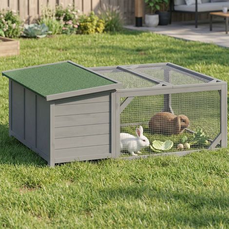 Clapier/cage en bois pour lapin avec toit en bitume à charnières, enclos et portes, 125,5 x 100 x 49 cm, gris (1/5)