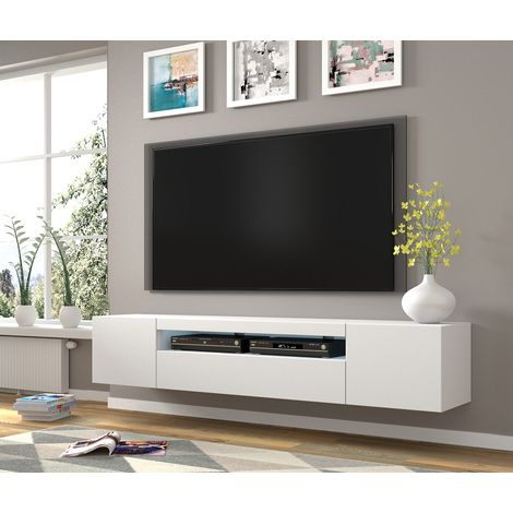 Bim Furniture – Meuble TV suspendu ou au sol blanc mat – Éclairage LED inclus – Dimensions 200x42/36x37 cm – Panneaux stratifiés et MDF