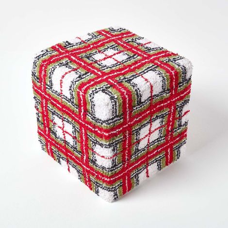 HOMESCAPES Red and White Tartan Pattern Tufted Cotton Cube Pouffe 36 x 36 x 38 cm - Red & White - Red & White