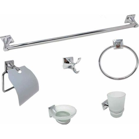 Set Bagno Moderno in Acciaio Cromato e Vetro Satinato 6 Pezzi Accessori Bagno portasaponetta portarotolo spazzolini Asciugamano (1/5)