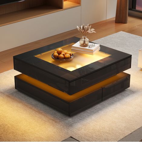 Mesa de centro de 70x70x35 cm con LED, USB y 3 cajones, tablero de cristal templado, acabado negro brillante. (1/5)
