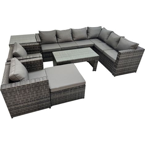 Fimous Outdoor Rattan Oblong Coffee Table Corner Sofa Sets Garden Furniture Set with 2 Chairs Big Stool Side Table Dark Grey Mixed (1/5)
