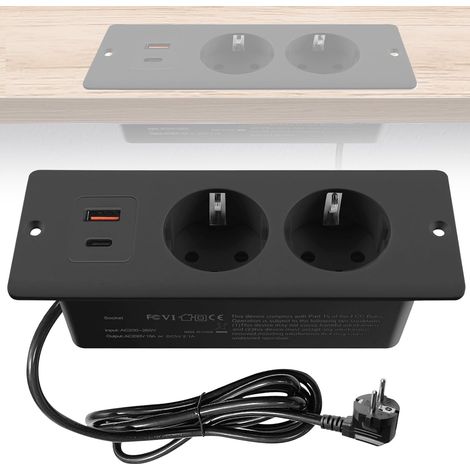 Prise Encastrable de Table: Bloc Prise Encastrable avec 2 USB-A et Type-C PD20W, Multiprise Intégrée 2 Prises pour Bureau ou Plan de Travail, Câble 1,5 m (Noir) (1/5)