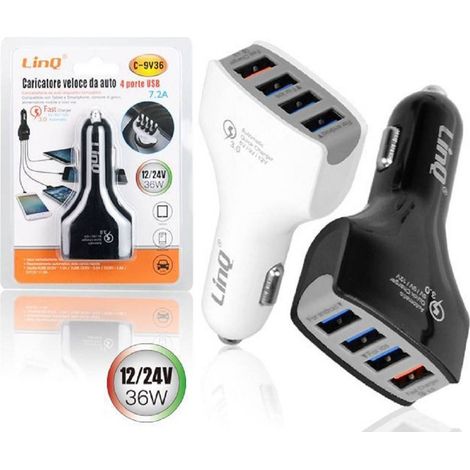 Linq - Caricabatteria Da Auto Ricarica Veloce 4 Porte Usb 5v 9v 12v 24v 7.2a 36w C-9v36 - (1/2)