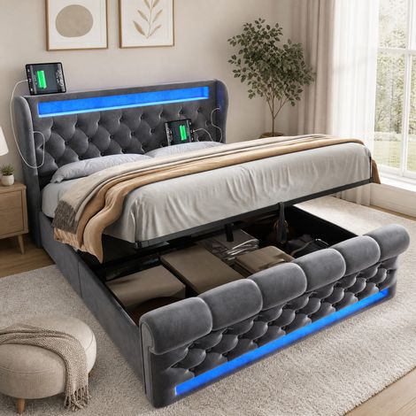 Cama doble con canapé 160x200 cm de terciopelo gris con LED y USB tipo C, sin colchón - CHICFURN (1/5)