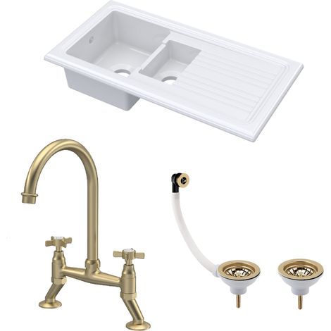 Fireclay Kitchen Bundle 1.5 Bowl Sink with Drainer, Waste & Bridge Crosshead Tap, 1010mm - Brushed Brass (1/4)