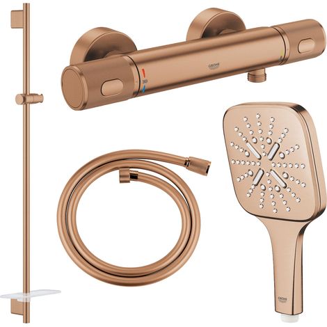 GROHE Pack douche avec mitigeur thermostatique + douchette + support + flexible, Warm Sunset brossé (1/5)