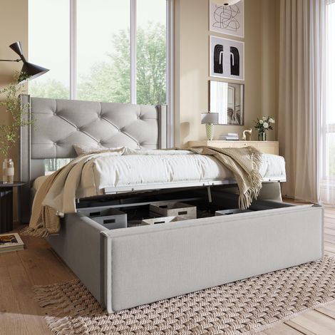 Letto singolo imbottito in cotone, 90x200 cm - spazio di archiviazione idraulico, rete in legno, struttura metallica - Grigio chiaro (1/5)