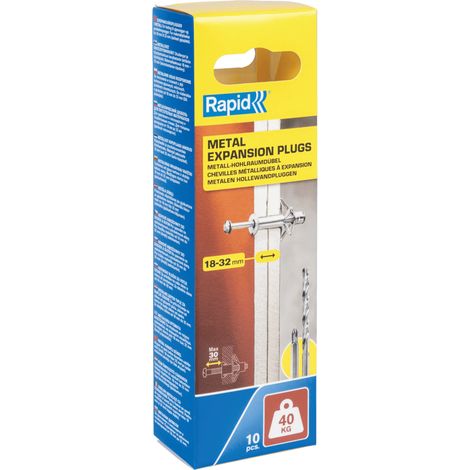 RAPID - Chevilles à Expansion Métal - 18-32mm Lot 10 Charge Max 40 kg Pour Cloison Plâtre, Fixation Solide pour Mur Creux - (5001551)
