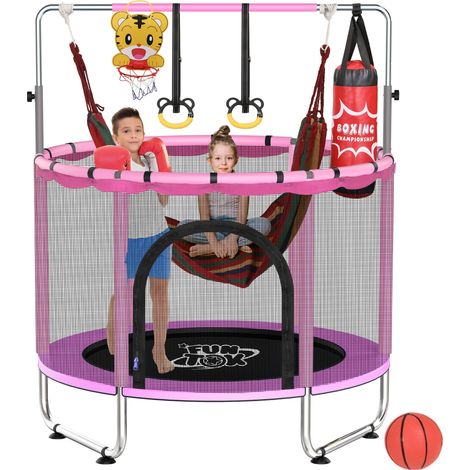 Children's Mini Trampoline Indoor 140cm with Swing, Ring Set, Basketball Hoop & Safety Net, up to 200 kg, Pink