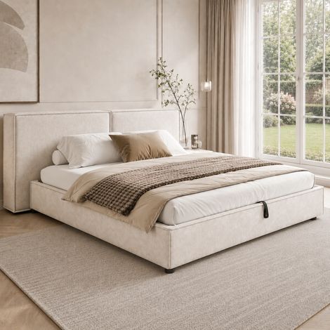 Lit coffre rembourré 180x200 cm avec grand rangement hydraulique, tête de lit épaisse 12 cm à motif quadrillé, sommier à lattes, chenille, beige (1/5)