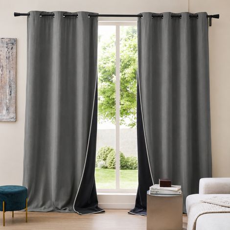 Lot de 2 Rideaux à Œillets 140 x 260 cm Velours Côtelé / Polaire Thermique Anthracite