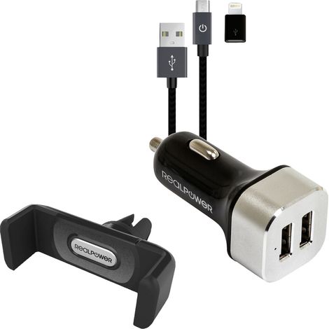 Auto-Adapter - Realpower - Mobiles Auto-Set - 2,4 A - 2 x USB - Micro-USB und Lightning