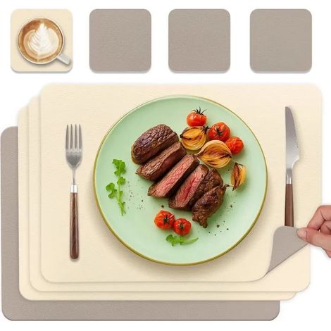 Lot de 4 sets de table ovales lavables, double face, antidérapants, aspect cuir, gris avoine + blanc crème - Gris Avoine+blanc Crème (1/5)