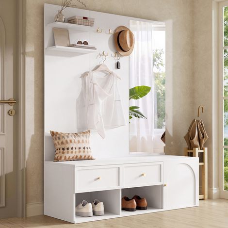 Weiße Garderobe für den Flur mit Spiegel, 5 Haken, Schubladen, Schrankfach und Sitzbank (1/5)