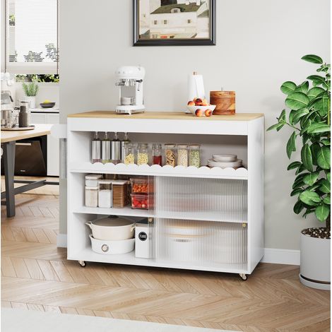 MEUBLIV îlot de cuisine 122 x 46 x 91 cm blanc et naturel – plateau pliant, sans matelas (1/5)