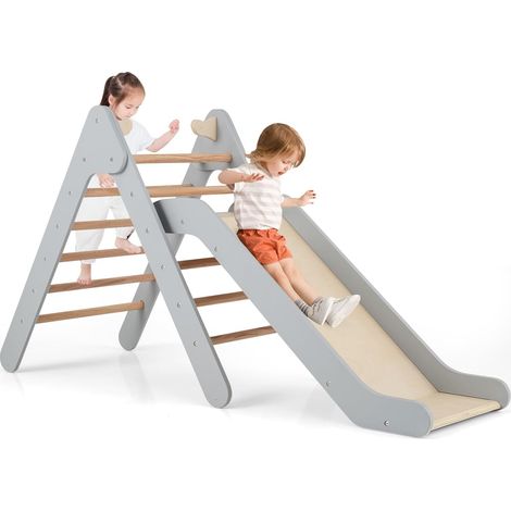 COSTWAY 2 en 1 Juego de Escalada Triangular con Tobogán Ajustable, Escalador Triangular de Madera, Juguete de Escalada para Interior para Niños Mayores de 1 Año, Triángulo de Escalada (1/5)