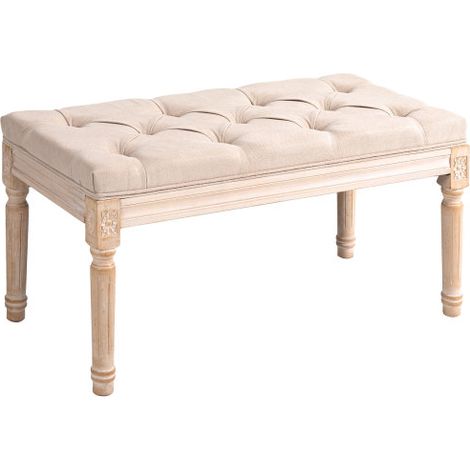 Banquette vintage, banc de salon ou de couloir avec boutons, finition lin, support jusqu'à 120 kg, dimensions 80x40x43 cm, beige, pour couloir et salon (1/5)