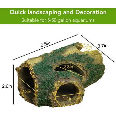 Grotte d'aquarium en résine avec tronc d'arbre creux - Cachette pour poissons et crevettes. Convient aux aquariums et aux récipients en verre (14 x 9,4 x 6,6 cm, aucun assemblage requis). (1/4)