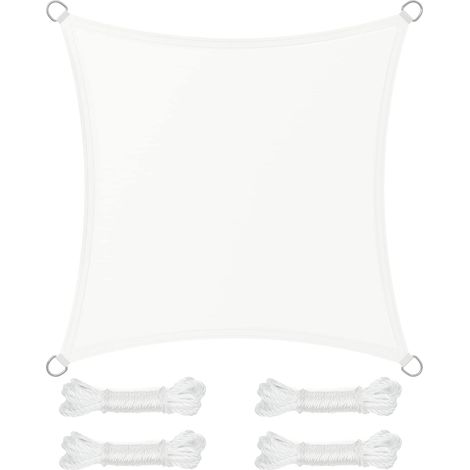 Sonnensegel 3 x 3 m, wasserabweisend, 665 mm Wassersäule, reißfestes Polyester, 93 % UV-Schutz, Terrasse, Garten, Balkon, quadratisch, 2 m Seile, weiß