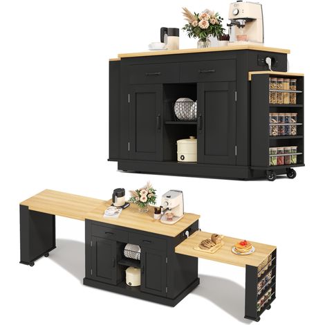 Kücheninsel ausziehbar Steckdosen USB Anschlüsse, verstellbare Einlegeböden, 142 x 55 x 93cm (1/5)