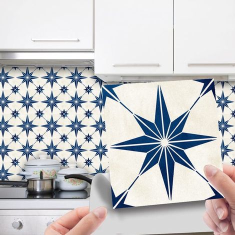 Juego de 30 baldosas autoadhesivas de PVC para suelo y pared de cocina, de 10x10 cm, con estampado de estrellas octogonales en azul y blanco. (1/5)