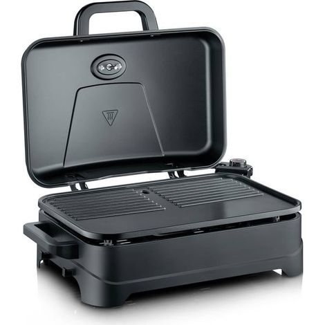 Severin – Grill électrique 2300W – Surface de cuisson 45x30 cm – Revêtement céramique – Couvercle avec thermomètre intégré