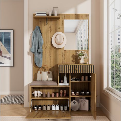 Mobile da ingresso 110x37x185.5 cm nero e legno in MDF con specchio, seduta imbottita e ripiani regolabili (1/5)