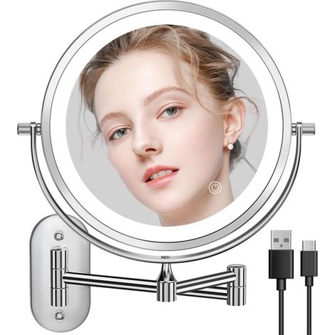 8-Zoll-Wandkosmetikspiegel, USB-aufladbar, LED, 3 Lichtfarben, doppelseitig, 1-fache/10-fache Vergrößerung, Touch-Schalter (1/4)
