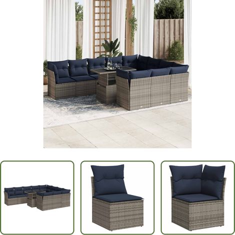 vidaXL Rattanmöbel - 11-tlg. Garten-Sofagarnitur mit Kissen Grau Poly Rattan Akazie (1/5)