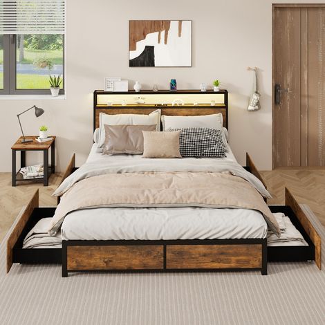 Cadre de Lit LED Taille King avec Station de Charge & 4 Tiroirs Lit à Plateforme avec Tête de Lit de Rangement 200x160cm Marron Rustique (1/3)