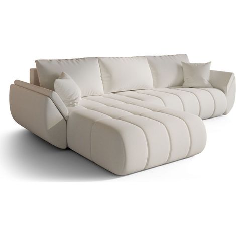 Canapé d’angle velours chenille convertible avec coffre ARCO angle gauche-Blanc cassé-angle gauche (1/5)
