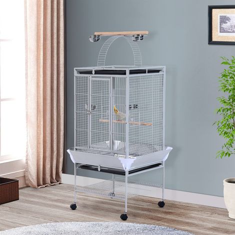 Voliera Gabbia per Uccelli 86x80x160 cm con Ruote in Metallo Argento (1/5)