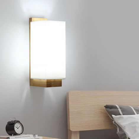 Applique murale scandinave en bois et tissu rectangulaire 25cm - Luminaire design 12x10cm, douille E27 (ampoule non fournie) (1/5)