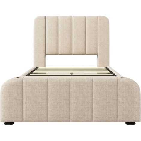 Lit rembourré 90 x 200 cm beige en lin — 4 tiroirs, tête de lit avec port USB/Type-C, sommier à lattes, sans matelas (1/5)