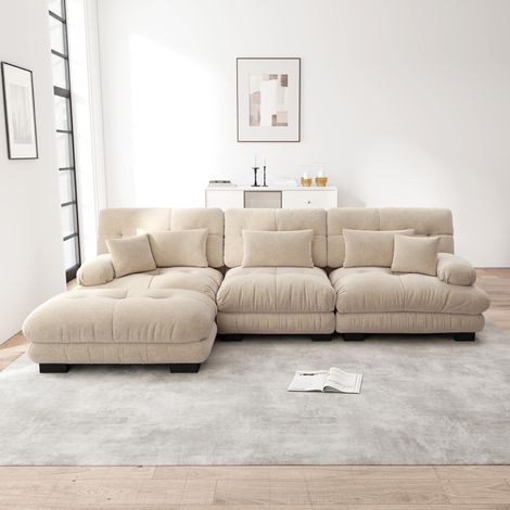 Divano angolare effetto nuvola da soggiorno, divano 3 posti in ciniglia con poggiapiedi e 5 cuscini, senza montaggio - Beige
