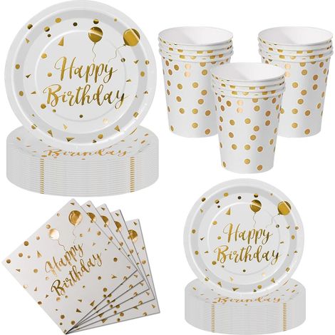 50 Pcs Blanc Or Vaisselle Jetable Anniversaire -10 invités (1/5)