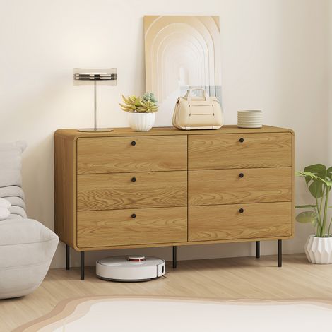 Commode 6 tiroirs meuble de rangement style moderne coins arrondis et pieds conçu en acier 120 x 40 x 75cm effet bois de chêne (1/4)
