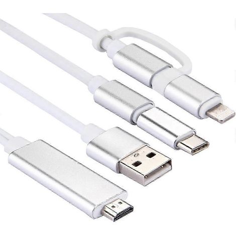 Câble adaptateur 3-en-1 Micro USB, 8 broches et Type-C vers HDMI 1080p HD TV (Argent) (1/4)