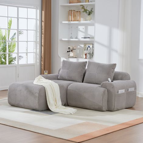Divano modulare 2 posti in tessuto a coste grigio chiaro con pouf, portabicchieri e tasca laterale 200x174x80 cm (1/4)