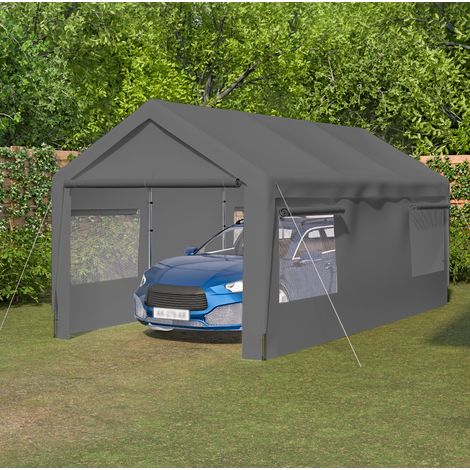 Carport garage pour voiture 592,84 x 310,9 x 276,75 cm gris métal avec fenêtres enroulables (1/5)