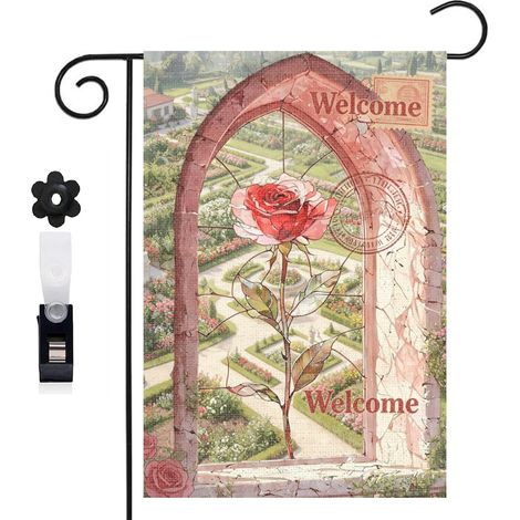Drapeau vertical arche gothique et rose rouge 30 x 45 cm décoration saisonnière cour (1/5)