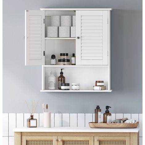 Vasagle – Armoire murale de salle de bain blanche – Étagère réglable – Double porte – Dimensions 60 x 20 x 70 cm – Panneaux MDF résistants