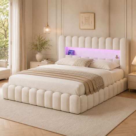 Lit coffre 160x200 cm beige avec sommier, Lit double rembourrée en lin avec rangement hydraulique, LED et USB (1/5)